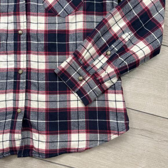 Jachs Girlfriend Sherpa Lined Flannel Shirt Overshirt Plaid Red Navy White Sz L - Picture 6 of 10
